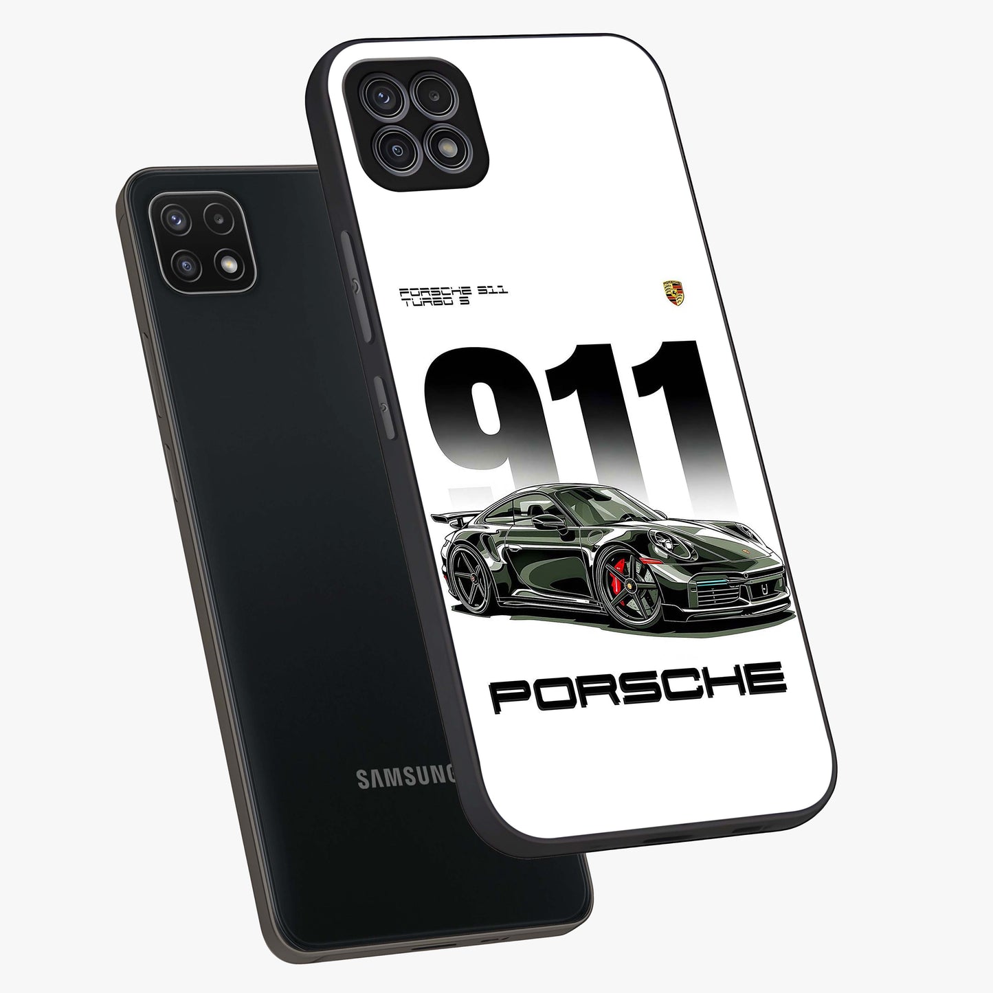 911 Turbo Dominance Glass Case displayed in premium angled mockup highlighting sporty car illustration and sleek glass surface.