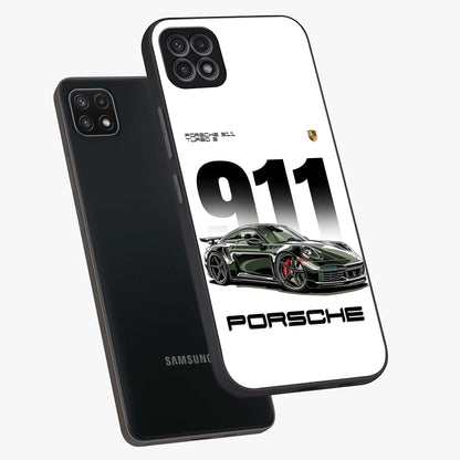911 Turbo Dominance Glass Case displayed in premium angled mockup highlighting sporty car illustration and sleek glass surface.