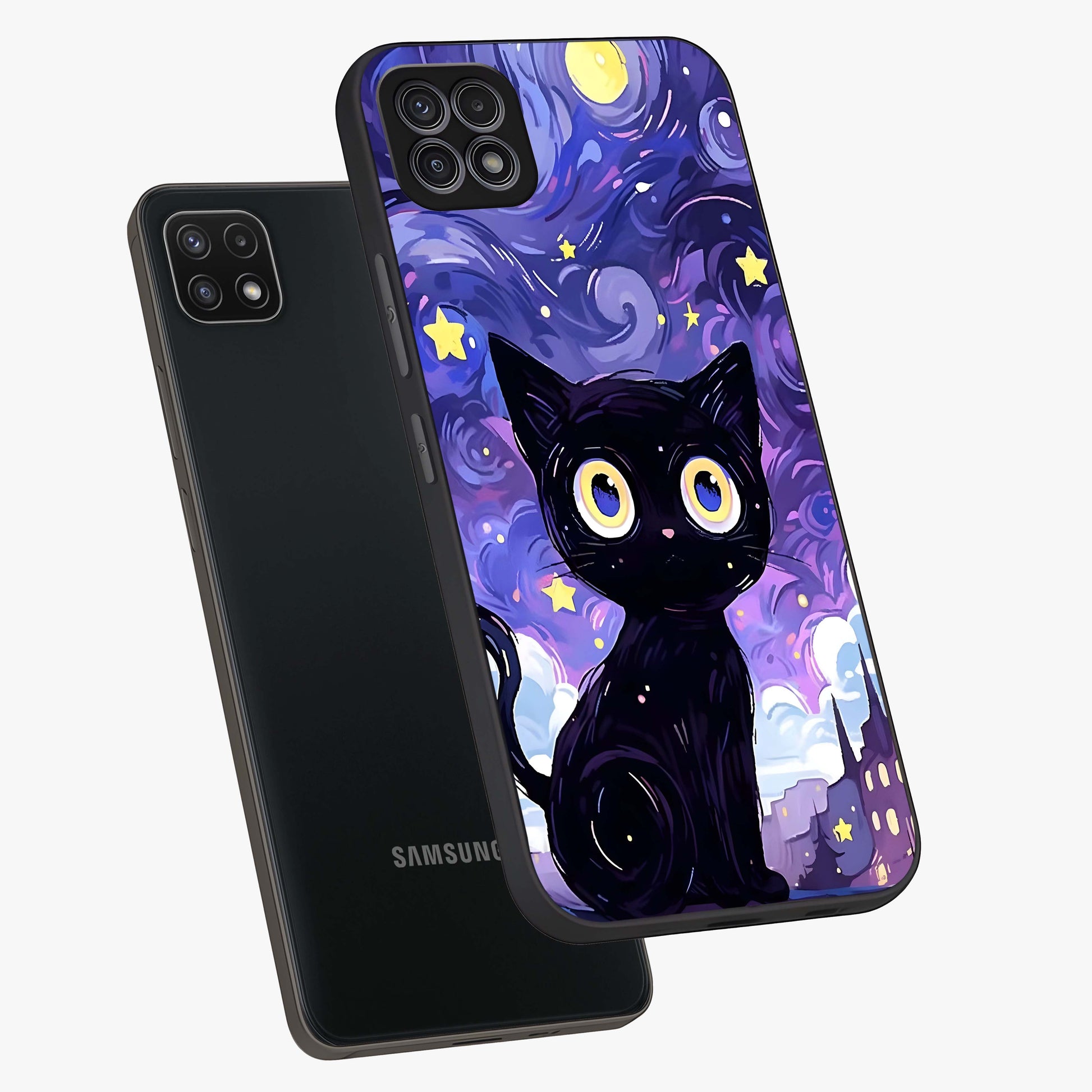 Abstract Cat Art Glass Case displayed in angled mockup highlighting modern abstract cat artwork and sleek glass surface.