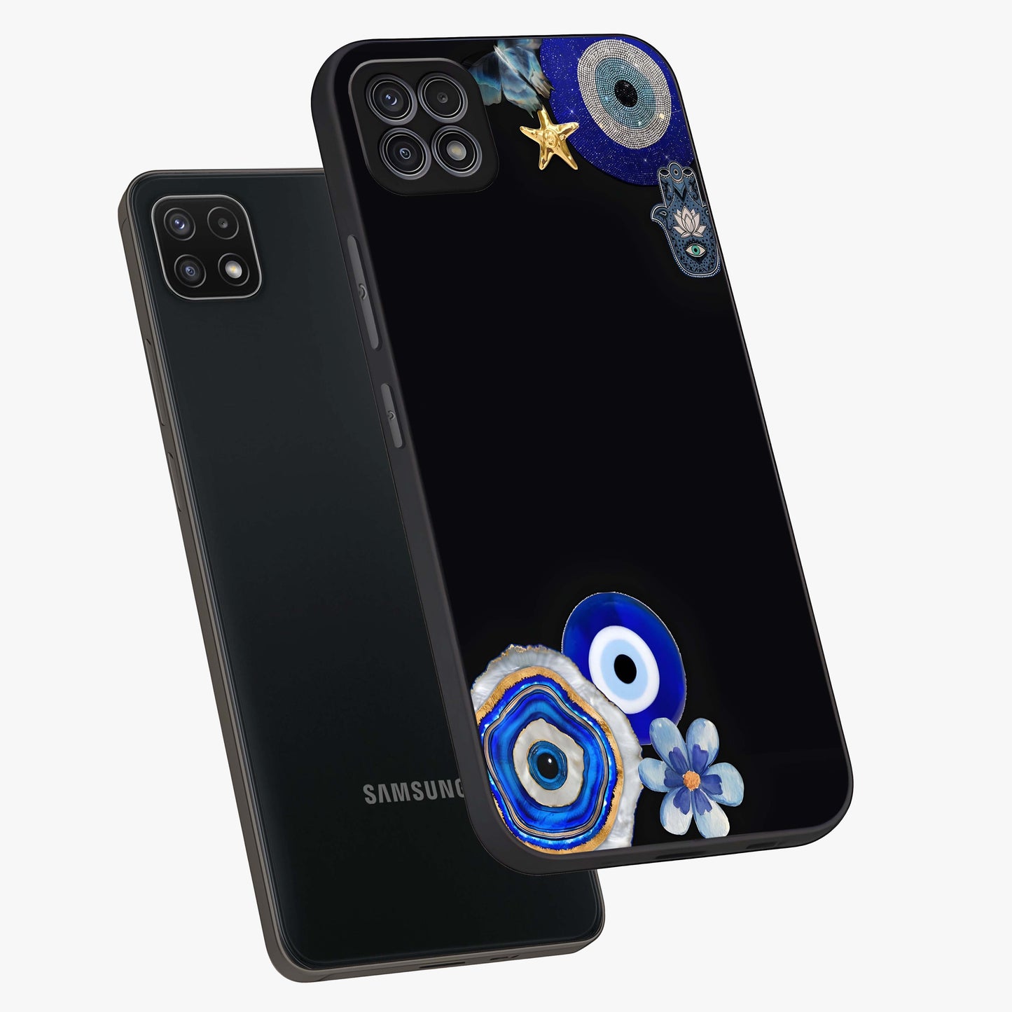 Aesthetic Blue Evil Eye Glass Case displayed in angled mockup highlighting blue evil eye symbol and spiritual aesthetic design.