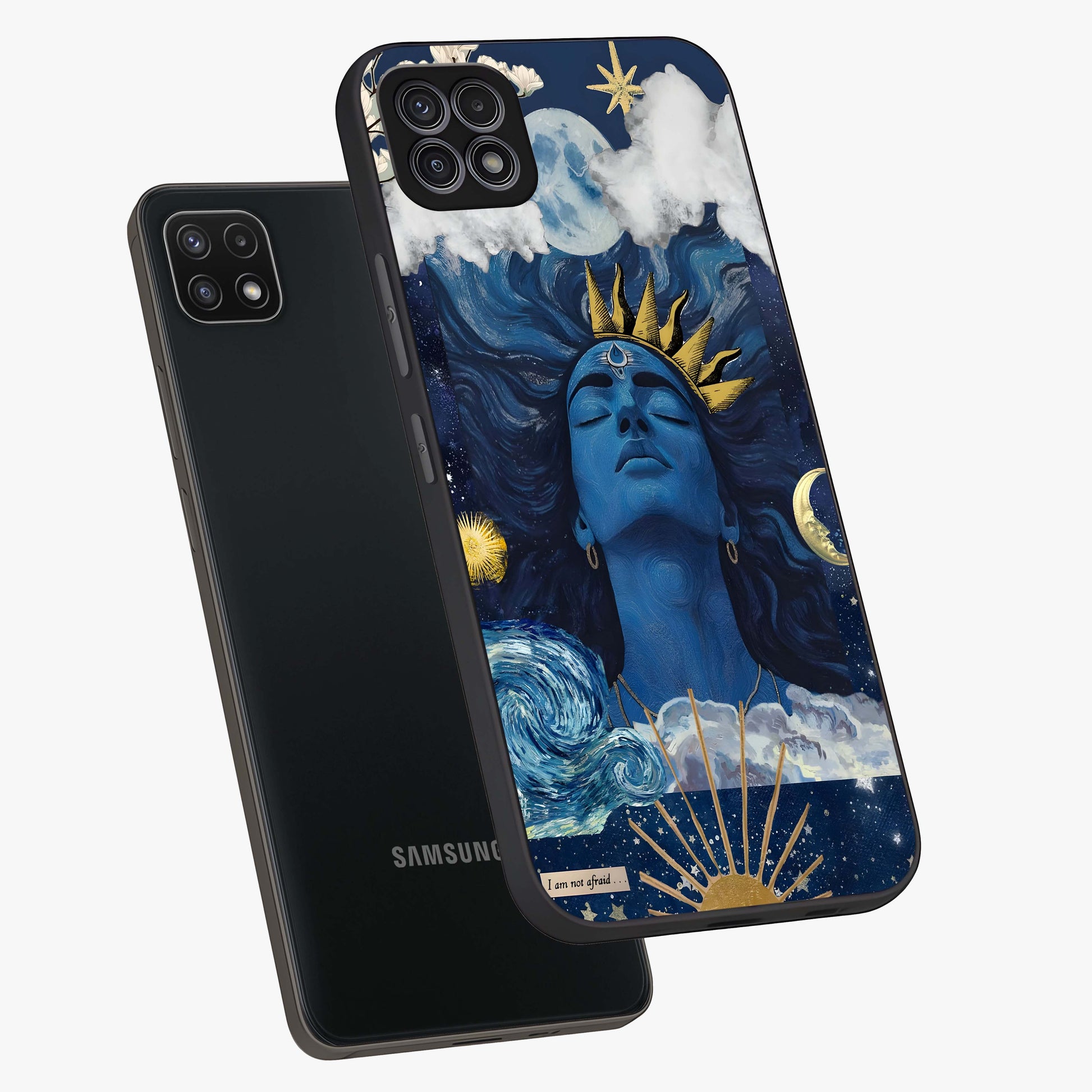 Aesthetic Lord Shiva Glass Case displayed in angled mockup highlighting spiritual Shiva illustration and sacred aesthetic design.