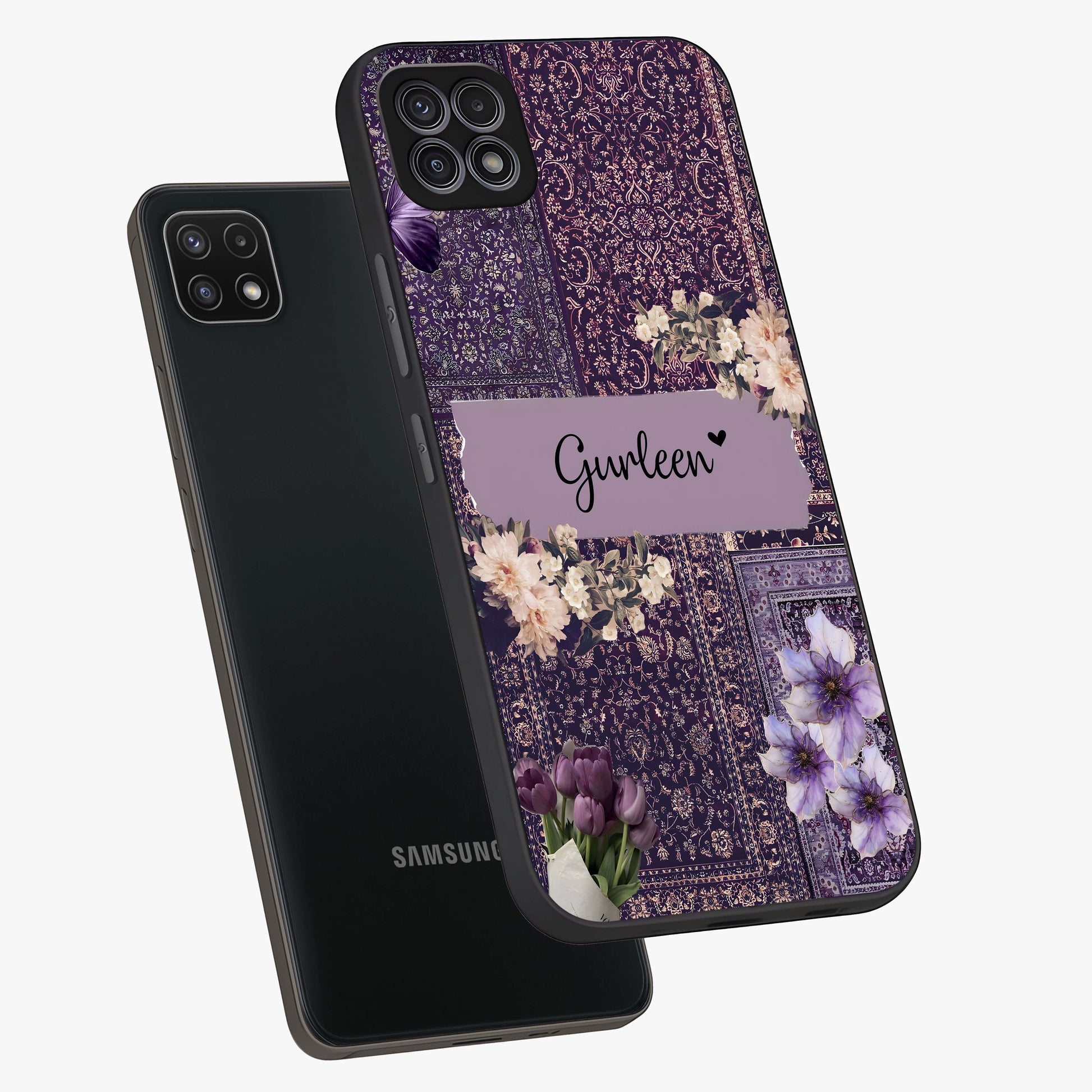 Antique Floral Whisper Custom Name Glass Case displayed in angled mockup highlighting elegant antique floral aesthetic.