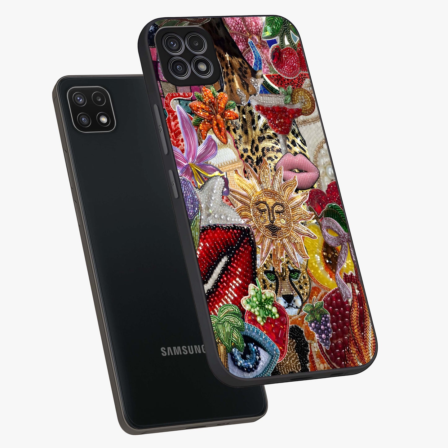 Beaded Fashion Jungle Glass Case displayed in angled mockup highlighting colorful fashion bead design and artistic pattern.