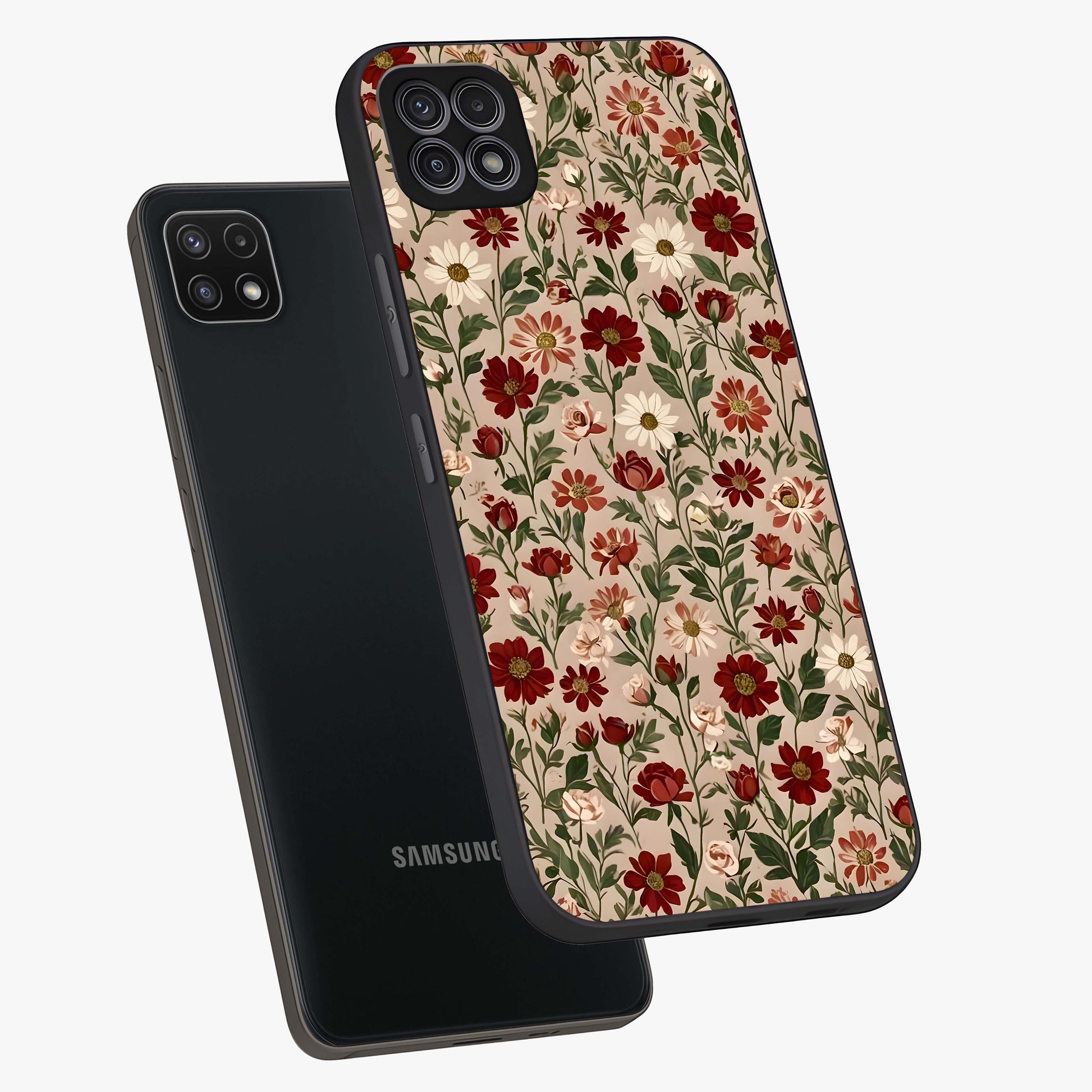 Biege Flower With Leaf Glass Case displayed in angled mockup highlighting minimal floral leaf design and elegant aesthetic.