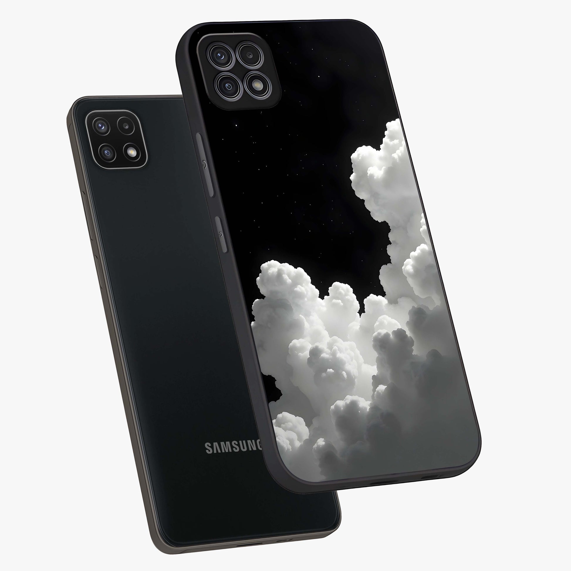 Black Background With White Cloud Glass Case displayed in angled mockup highlighting soft white cloud illustration and minimal design.