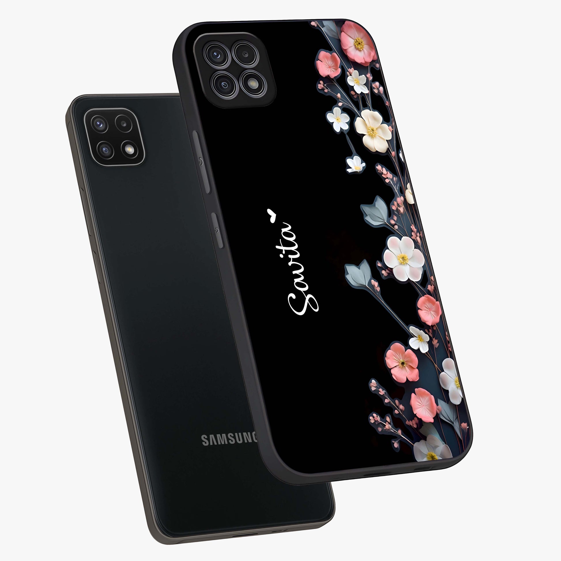 Black Elegance Floral Custom Name Glass Case displayed in angled mockup highlighting dark floral aesthetic and custom name feature.