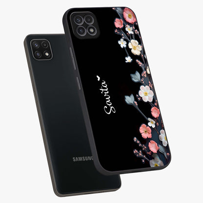 Black Elegance Floral Custom Name Glass Case displayed in angled mockup highlighting dark floral aesthetic and custom name feature.