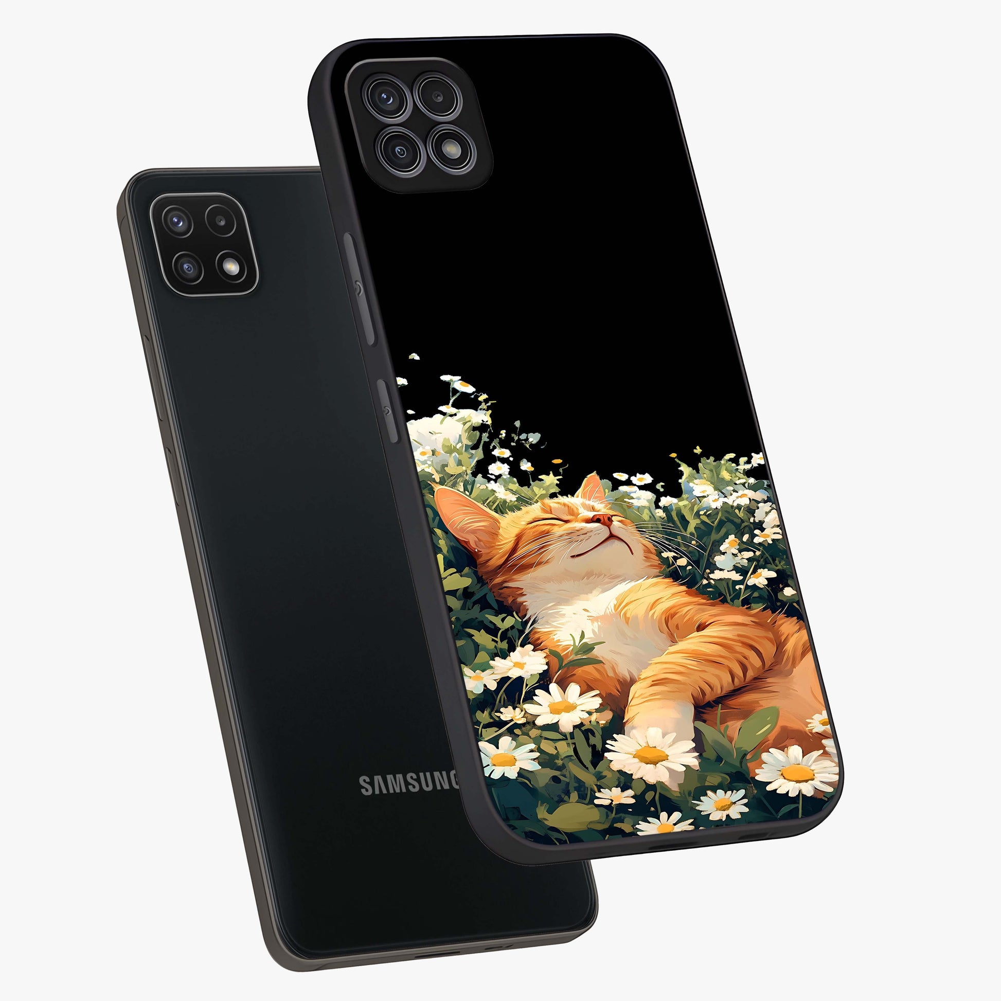 Blissful Bloom Cat Glass Case displayed in angled mockup highlighting playful feline illustration with soft floral aesthetic.