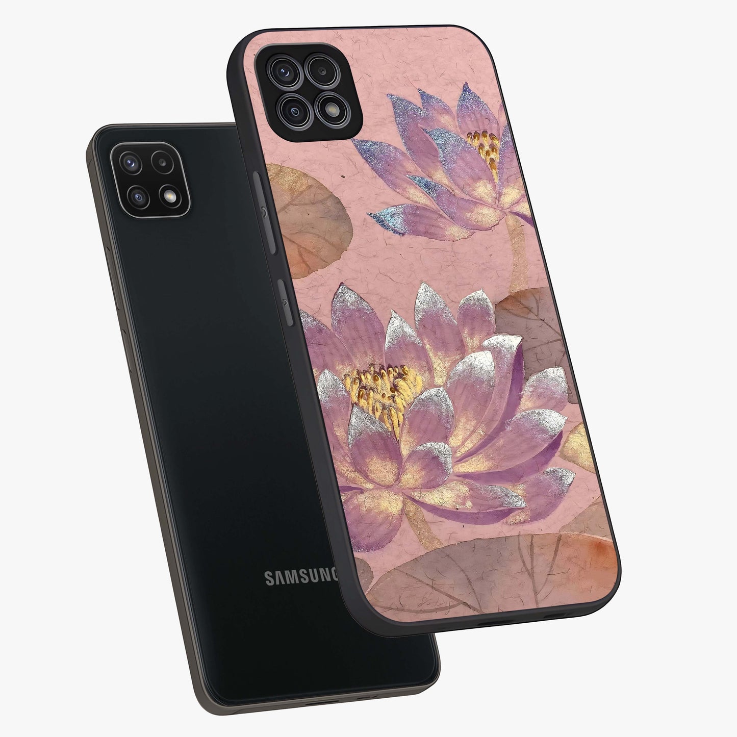 Blossom Mist Lotus Glass Case displayed in angled mockup highlighting delicate lotus illustration with calm aesthetic theme.