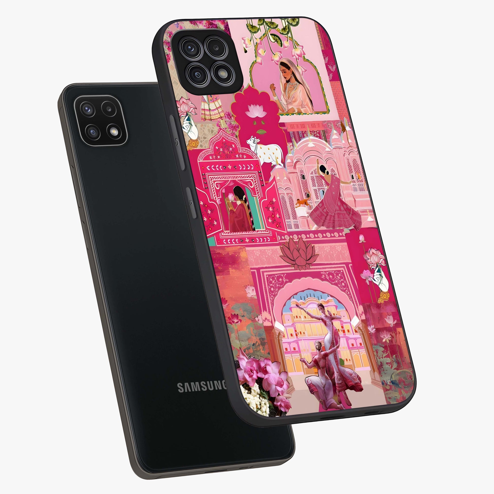 Blossoms of Rajasthan Glass Case displayed in angled mockup highlighting vibrant floral pattern with cultural aesthetic style.