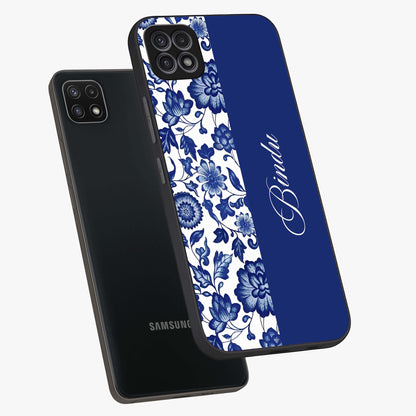 Blue Vintage Floral Pattern Glass Case displayed in angled mockup highlighting subtle bloom pattern with aesthetic pastel design.