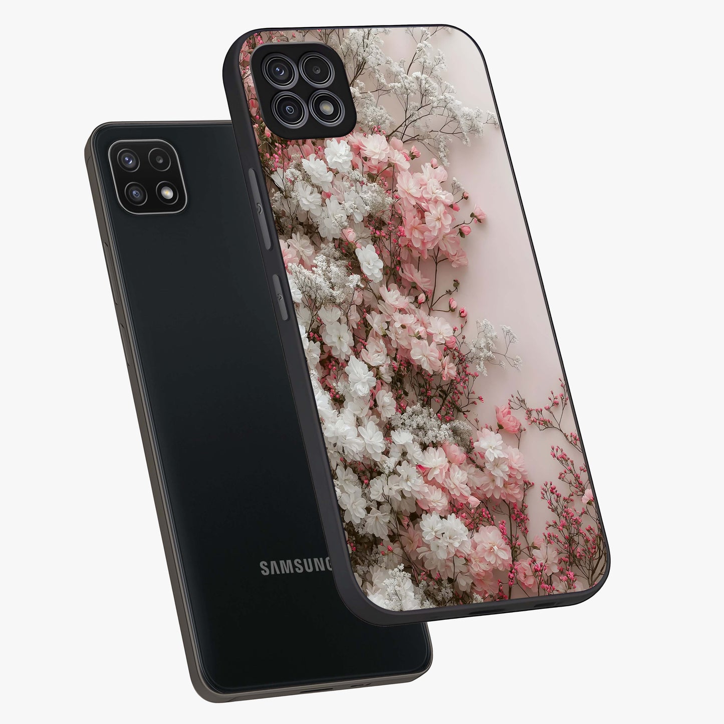 Blush Blossom Cloud Glass Case displayed in angled mockup highlighting soft cloud and blossom design with pastel aesthetic.