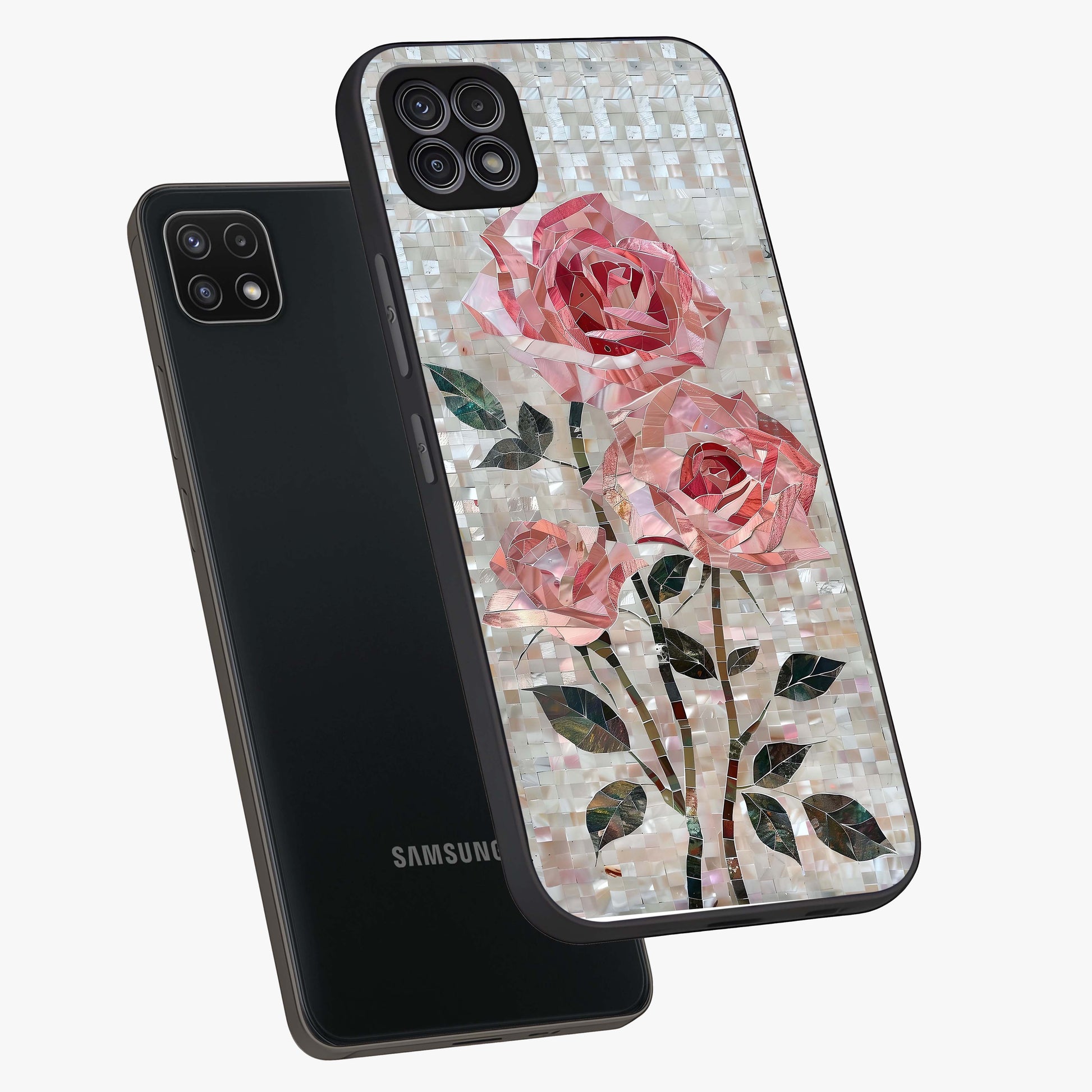 Blush Mosaic Bloom Glass Case displayed in angled mockup highlighting artistic mosaic flower pattern with aesthetic design.