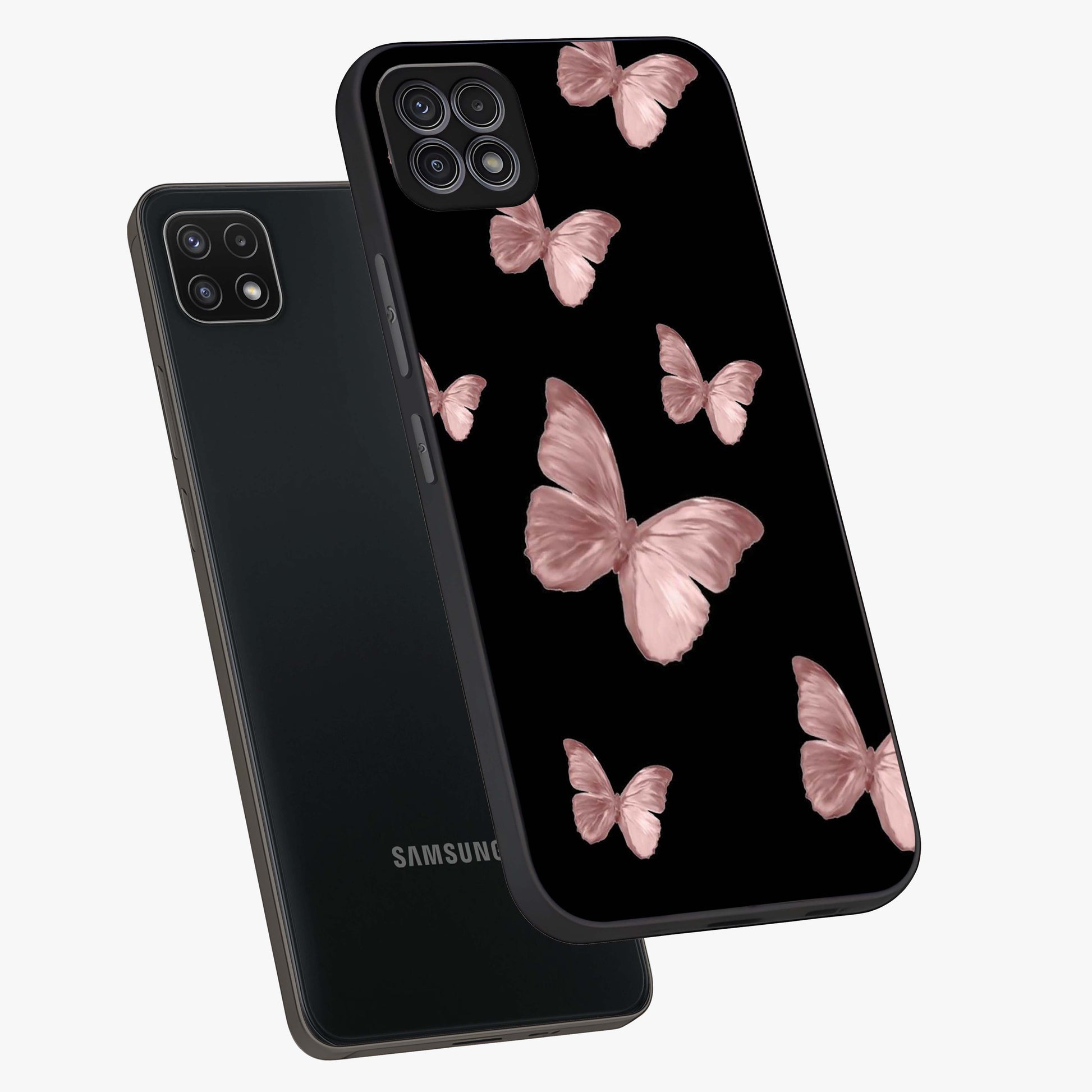 Butterfly Pattern Glass Case displayed in angled mockup highlighting delicate butterfly design and aesthetic pattern style.