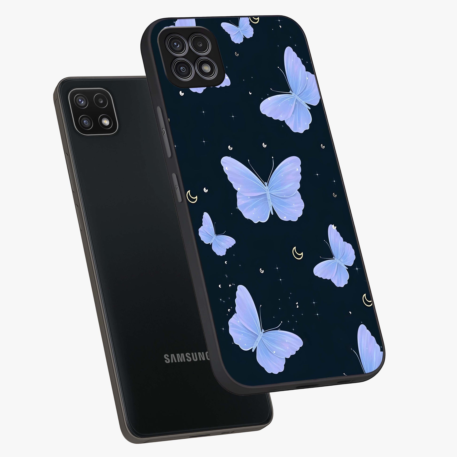 Butterfly With Stars Pattern Glass Case displayed in angled mockup highlighting dreamy butterfly and star design with aesthetic theme.