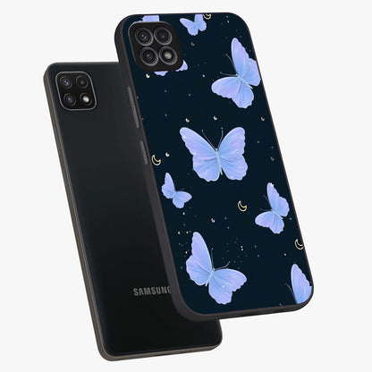 Butterfly With Stars Pattern Glass Case displayed in angled mockup highlighting dreamy butterfly and star design with aesthetic theme.