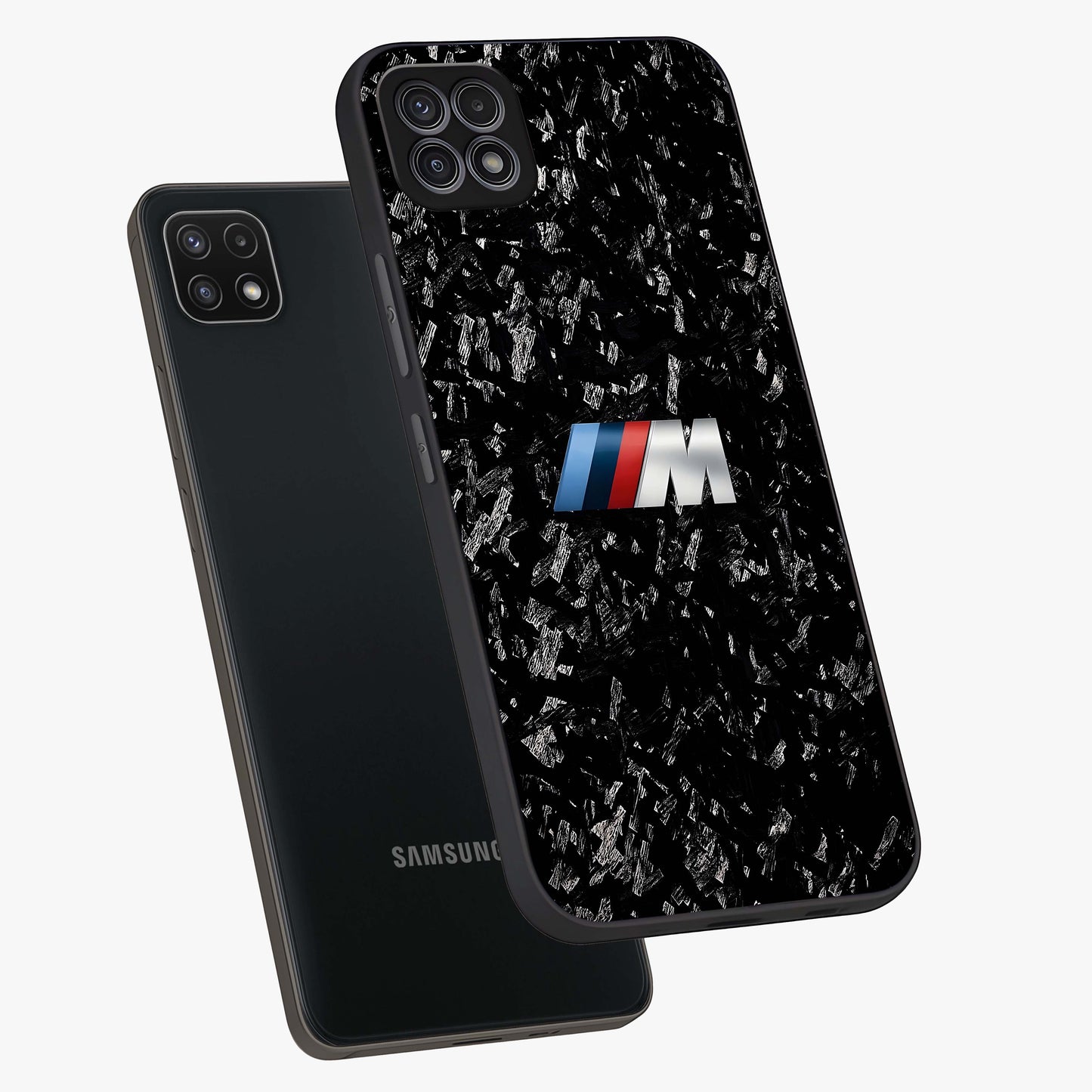 Carbon Speed Mark Glass Case displayed in angled mockup highlighting racing inspired carbon design and sleek aesthetic style.
