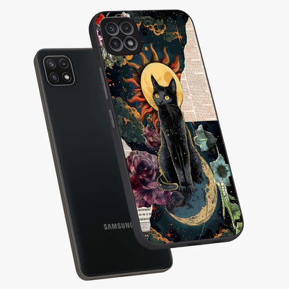 Celestial Black Cat Glass Case displayed in angled mockup highlighting cosmic black cat design with celestial aesthetic.