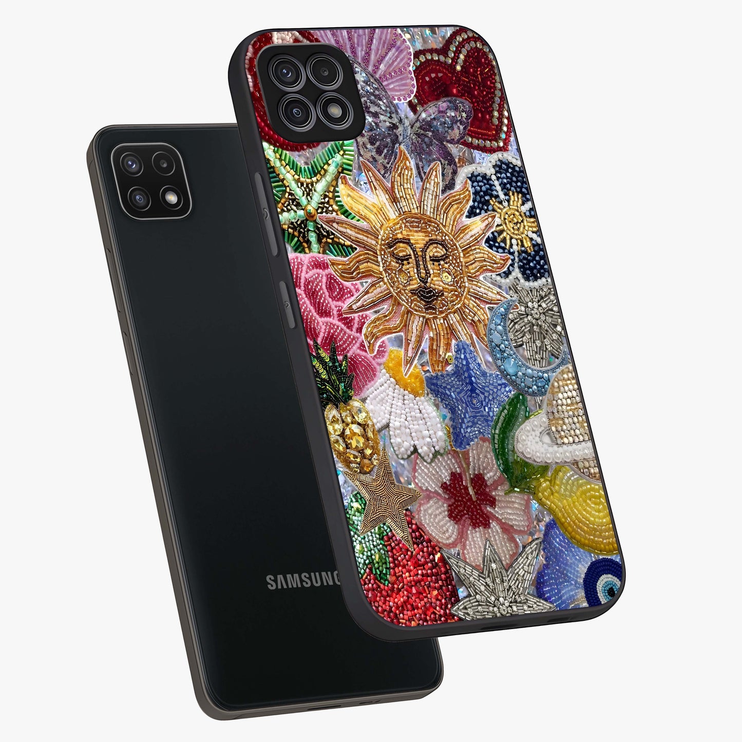 Celestial Floral and Playful Glass Case displayed in angled mockup highlighting playful floral design with dreamy celestial elements.