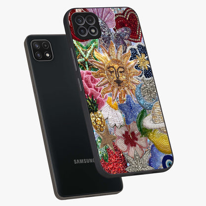 Celestial Floral and Playful Glass Case displayed in angled mockup highlighting playful floral design with dreamy celestial elements.