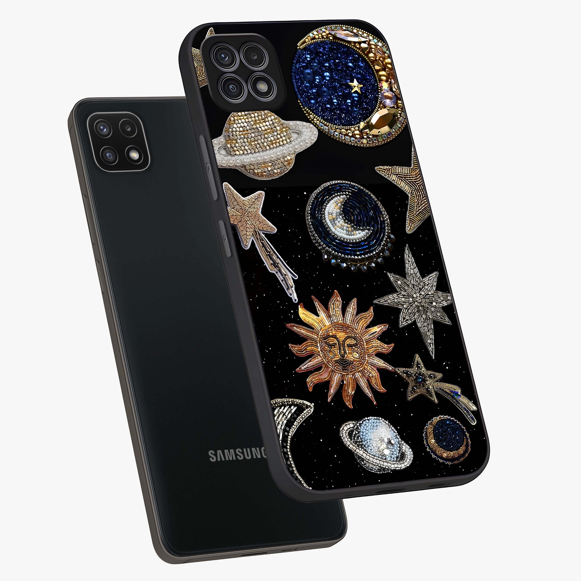 Celestial Gem Constellations Glass Case displayed in angled mockup highlighting gemstone inspired constellation design.