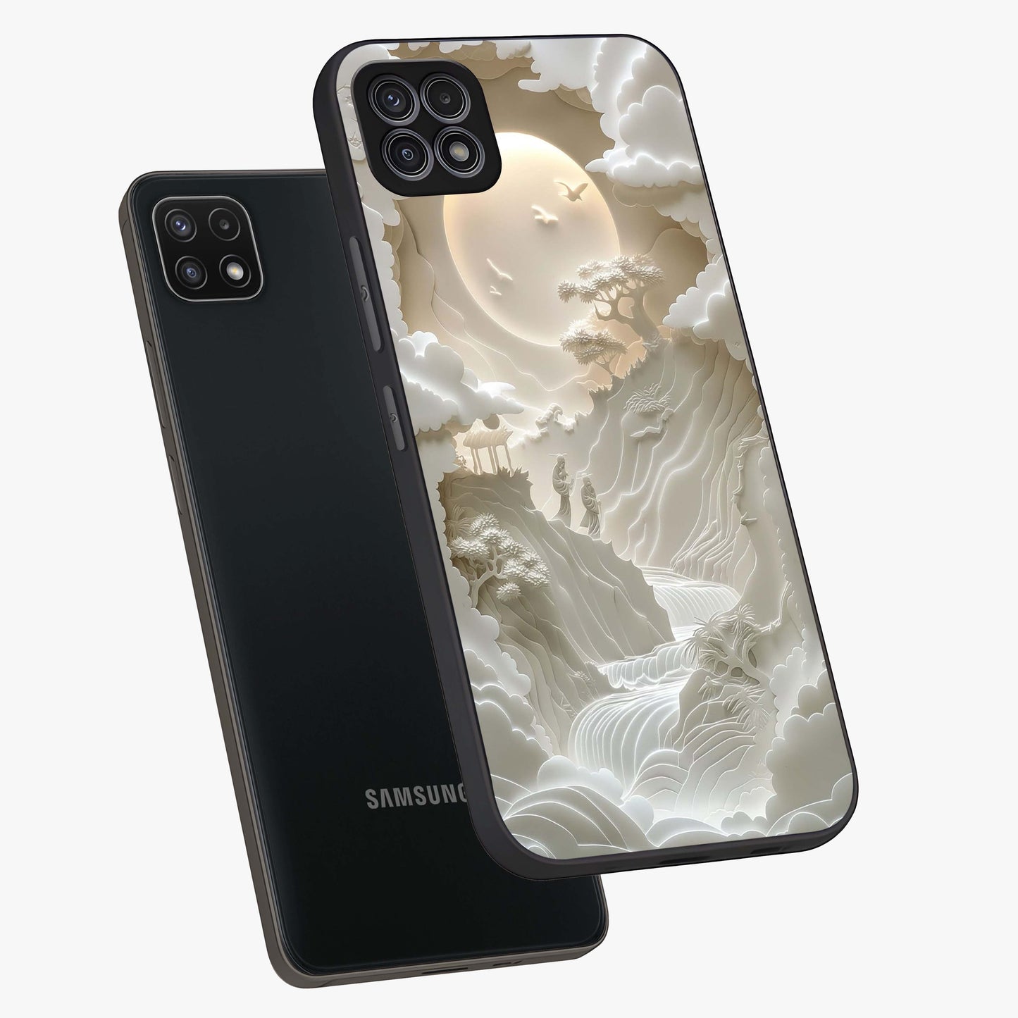 Celestial Origami Glass Case displayed in angled mockup highlighting geometric origami design with cosmic aesthetic theme.