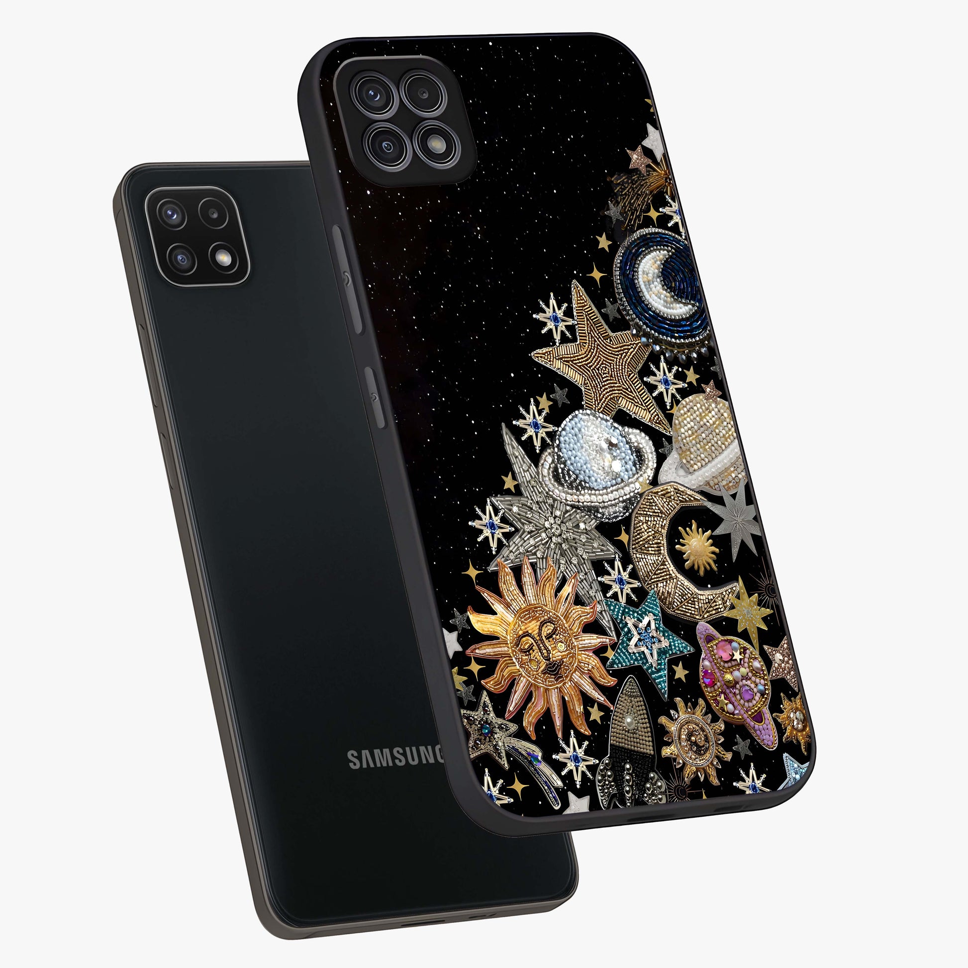 Cosmic Sparkle Dreams Glass Case displayed in angled mockup highlighting dreamy star sparkle design with celestial aesthetic.