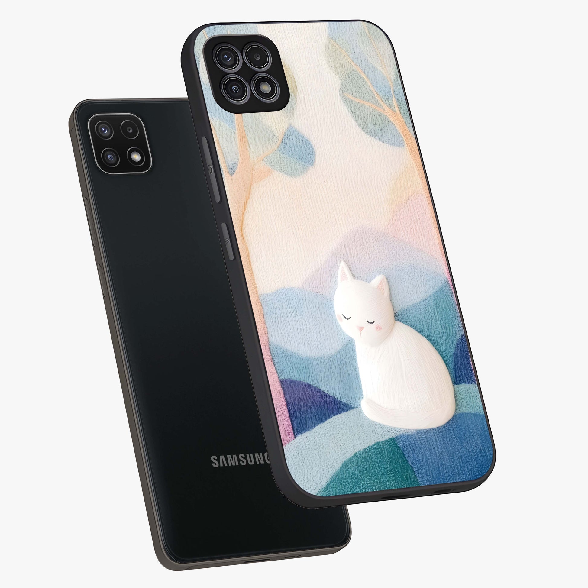 Cotton Dream Cat Glass Case displayed in angled mockup highlighting cute feline illustration with pastel aesthetic style.