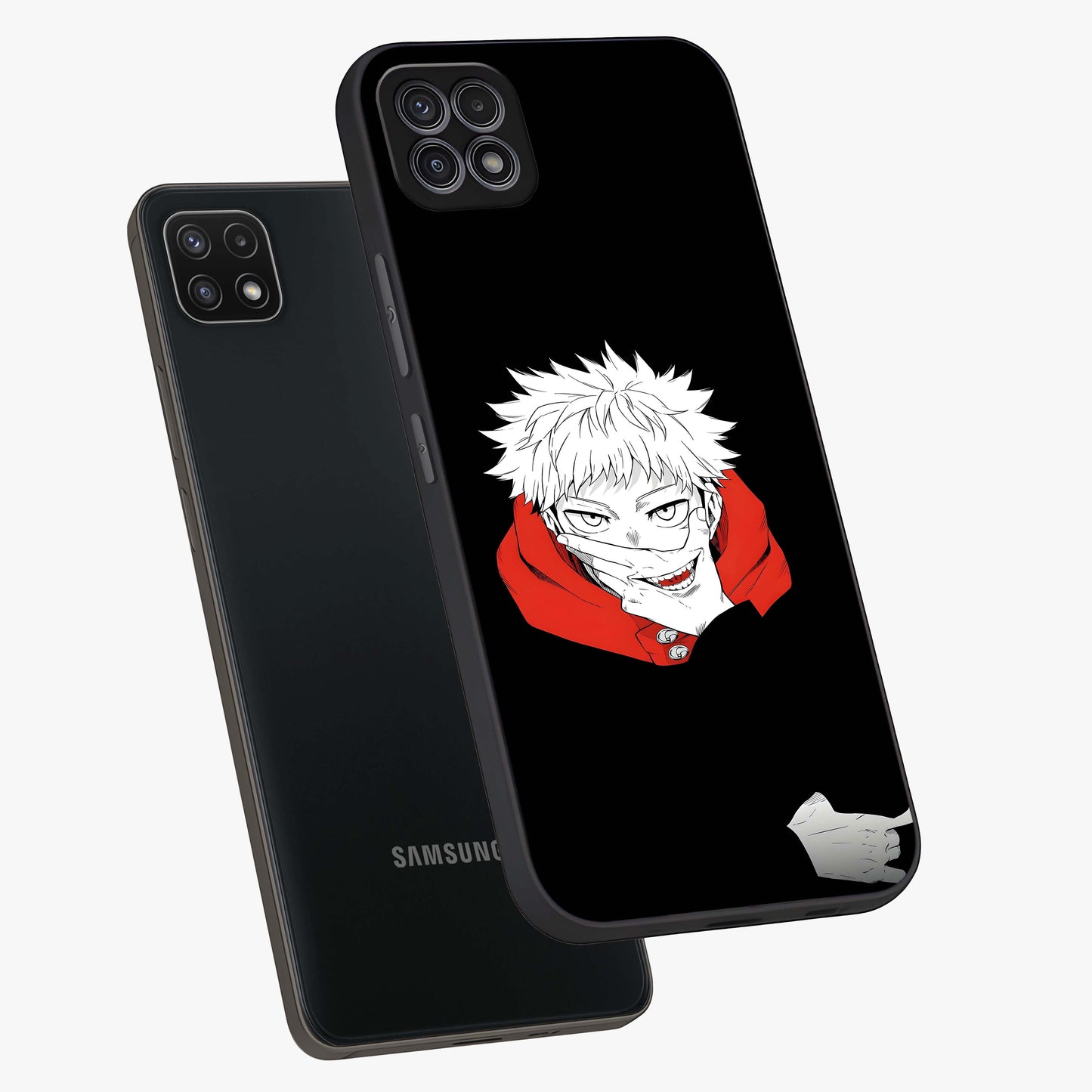 Crimson Chaos Smile Glass Case displayed in angled mockup highlighting edgy crimson smile design with graphic aesthetic.