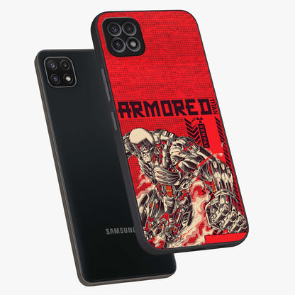 Crimson Mecha Titan Glass Case displayed in angled mockup highlighting futuristic mech illustration with bold crimson aesthetic.