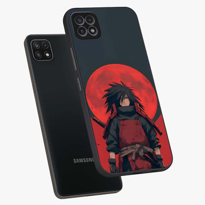 Crimson Moon Warlord Glass Case displayed in angled mockup highlighting dramatic crimson moon design with fantasy aesthetic.