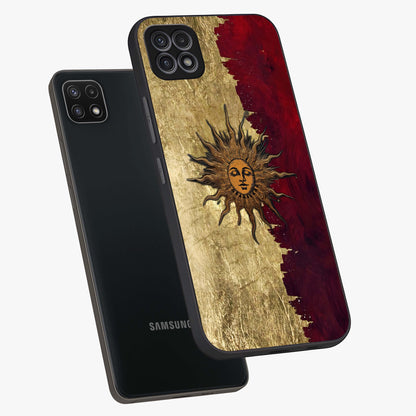 Crimson Sun Majesty Glass Case displayed in angled mockup highlighting majestic crimson sun design with bold aesthetic style.