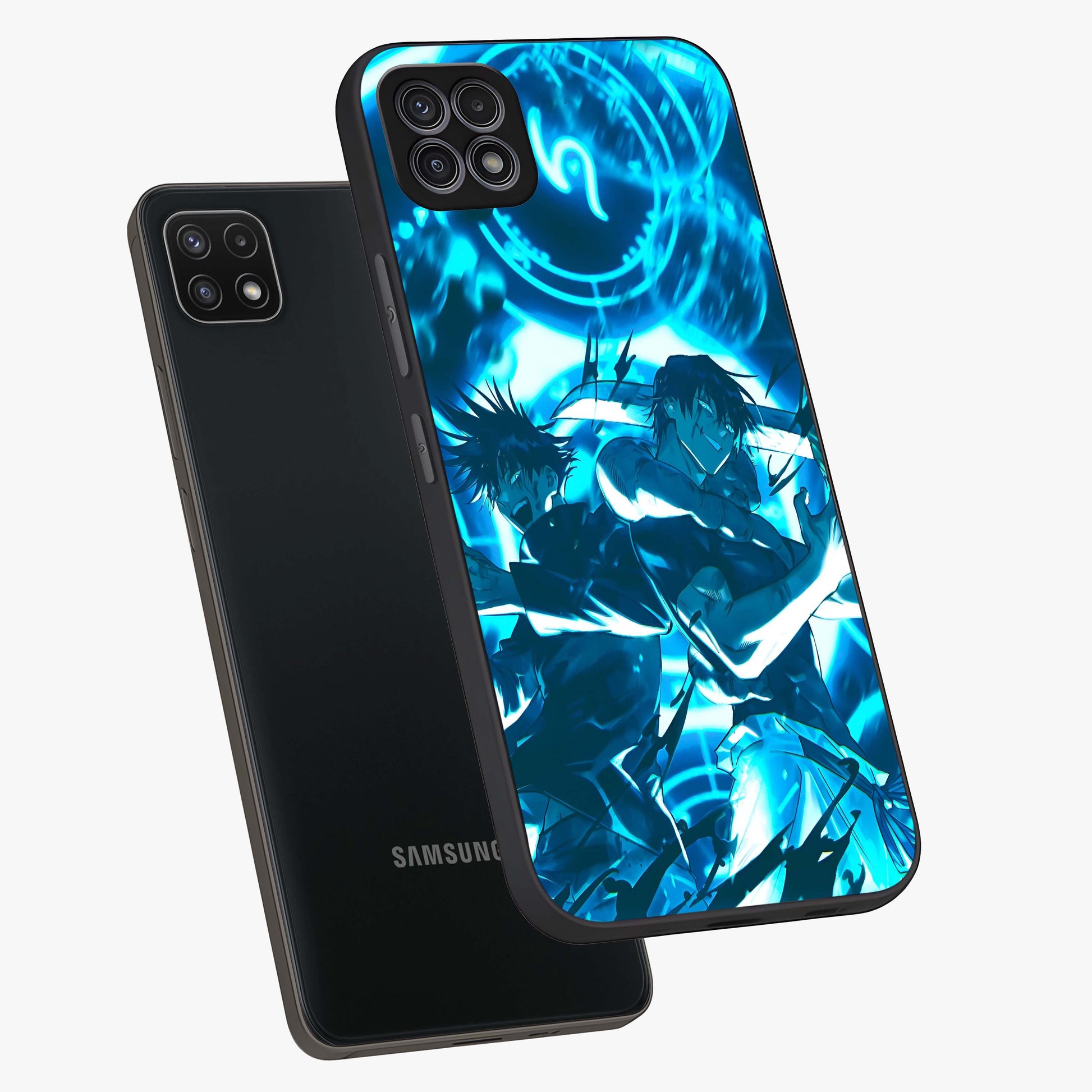 Cursed Energy Clash Glass Case displayed in angled mockup highlighting powerful battle inspired graphic with anime style aesthetic.