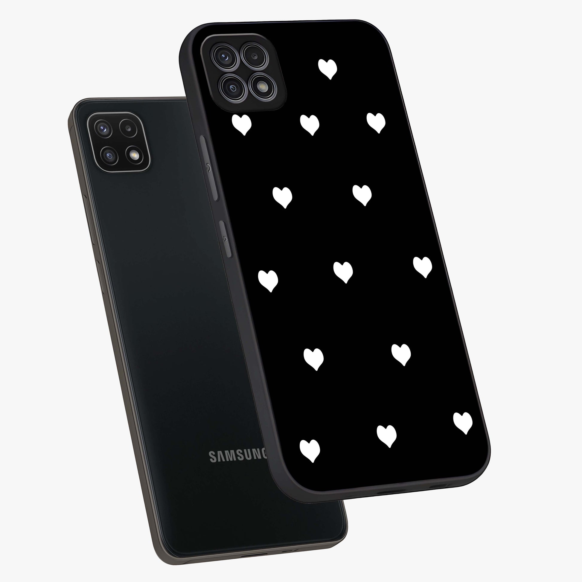 Cute And Simple White Hearts Glass Case displayed in angled mockup highlighting cute heart design with clean aesthetic style.