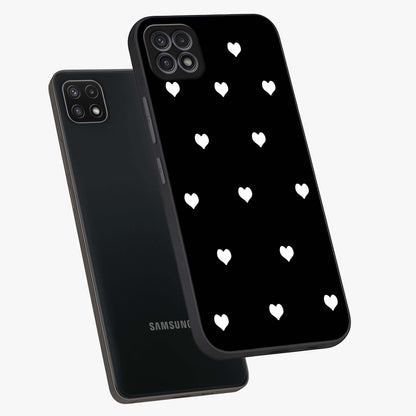 Cute And Simple White Hearts Glass Case displayed in angled mockup highlighting cute heart design with clean aesthetic style.