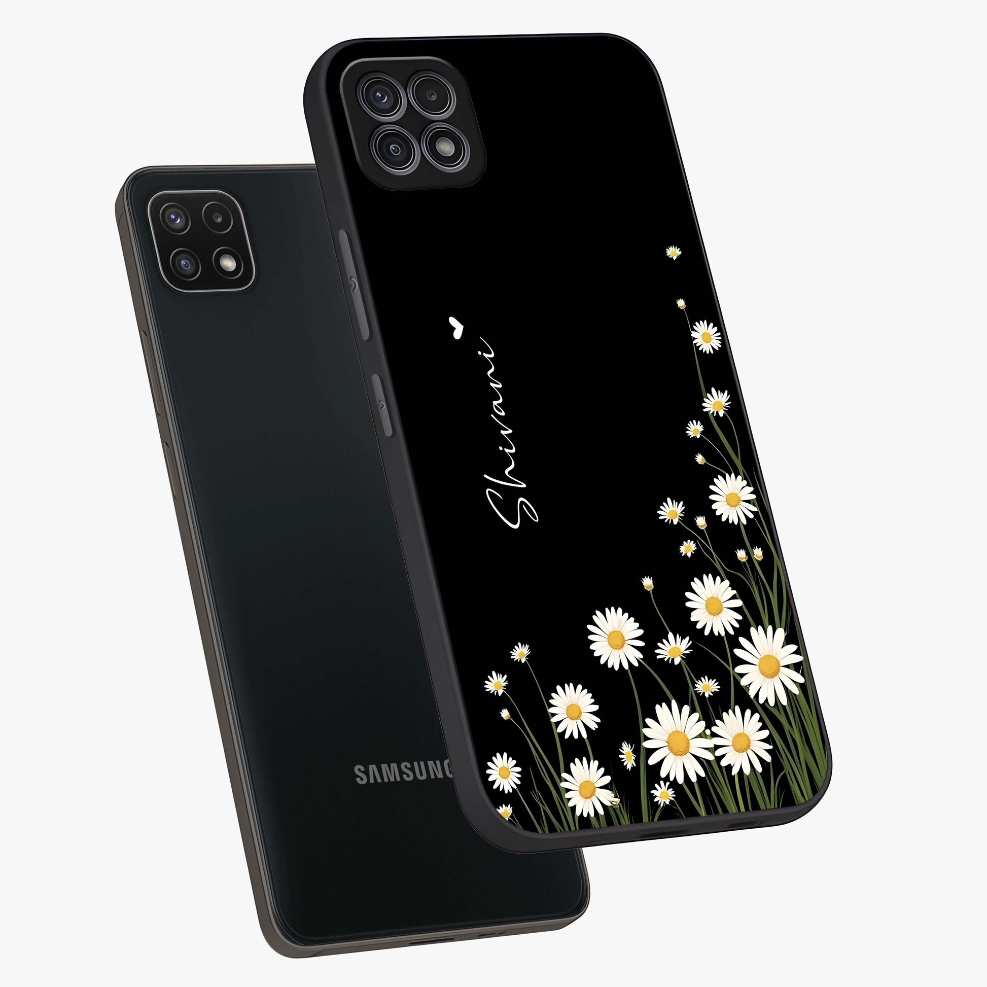Daisy Cascade Custom Name Glass Case displayed in angled mockup highlighting delicate daisy artwork with custom name feature.