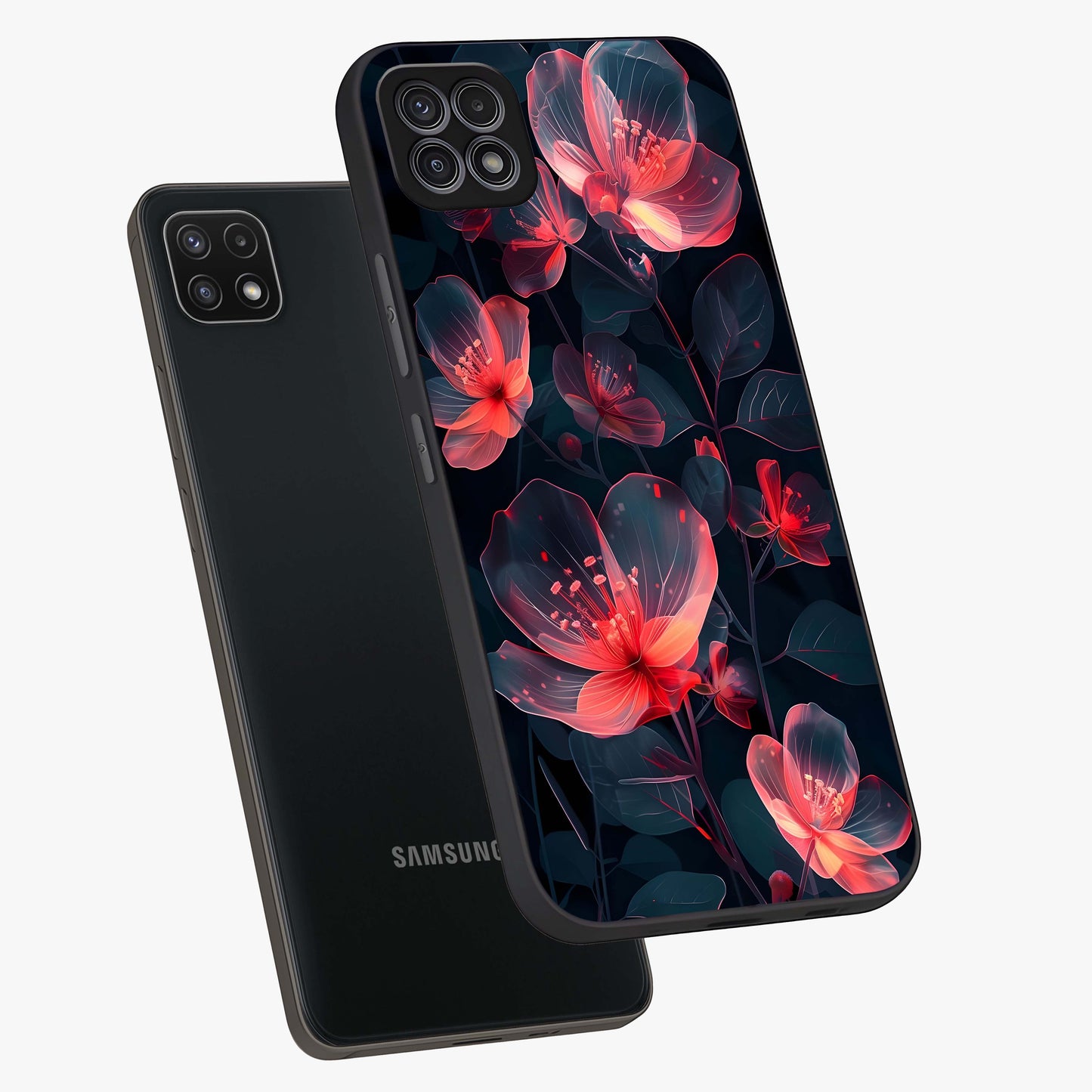 Dark Shade of Flower Glass Case displayed in angled mockup highlighting moody floral illustration with aesthetic dark tones.