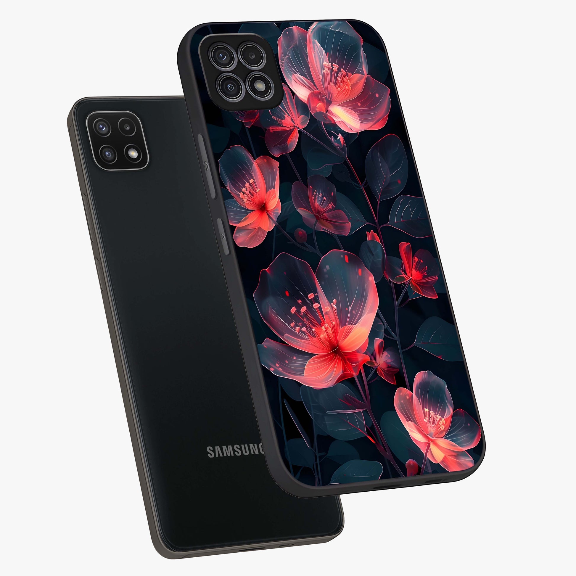 Dark Shade of Flower Glass Case displayed in angled mockup highlighting moody floral illustration with aesthetic dark tones.