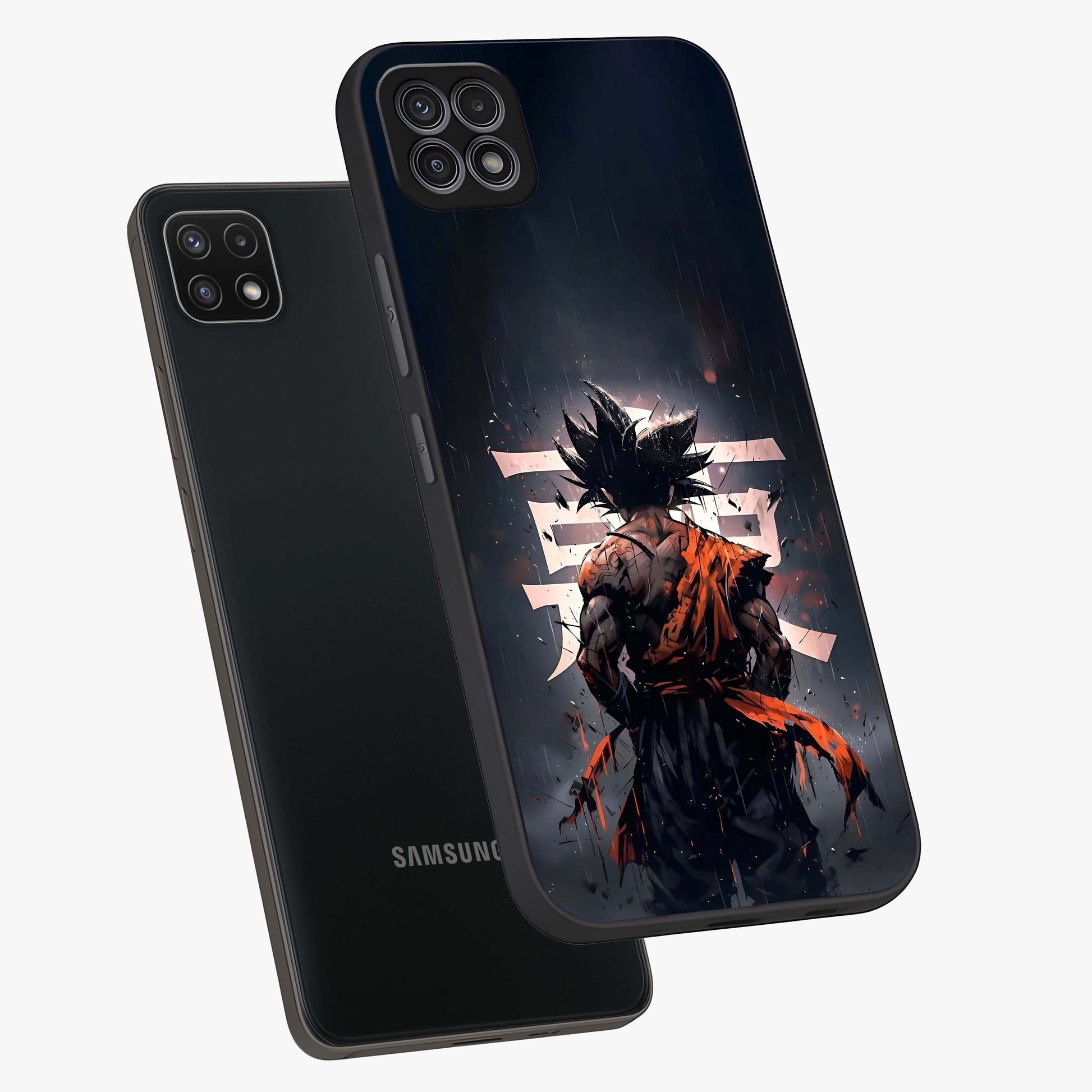 Dark Warrior In Rain Glass Case displayed in angled mockup highlighting dramatic warrior illustration with dark rain aesthetic.
