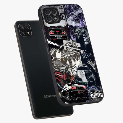 Die Young Glass Case displayed in angled mockup highlighting expressive graphic artwork with edgy aesthetic style.