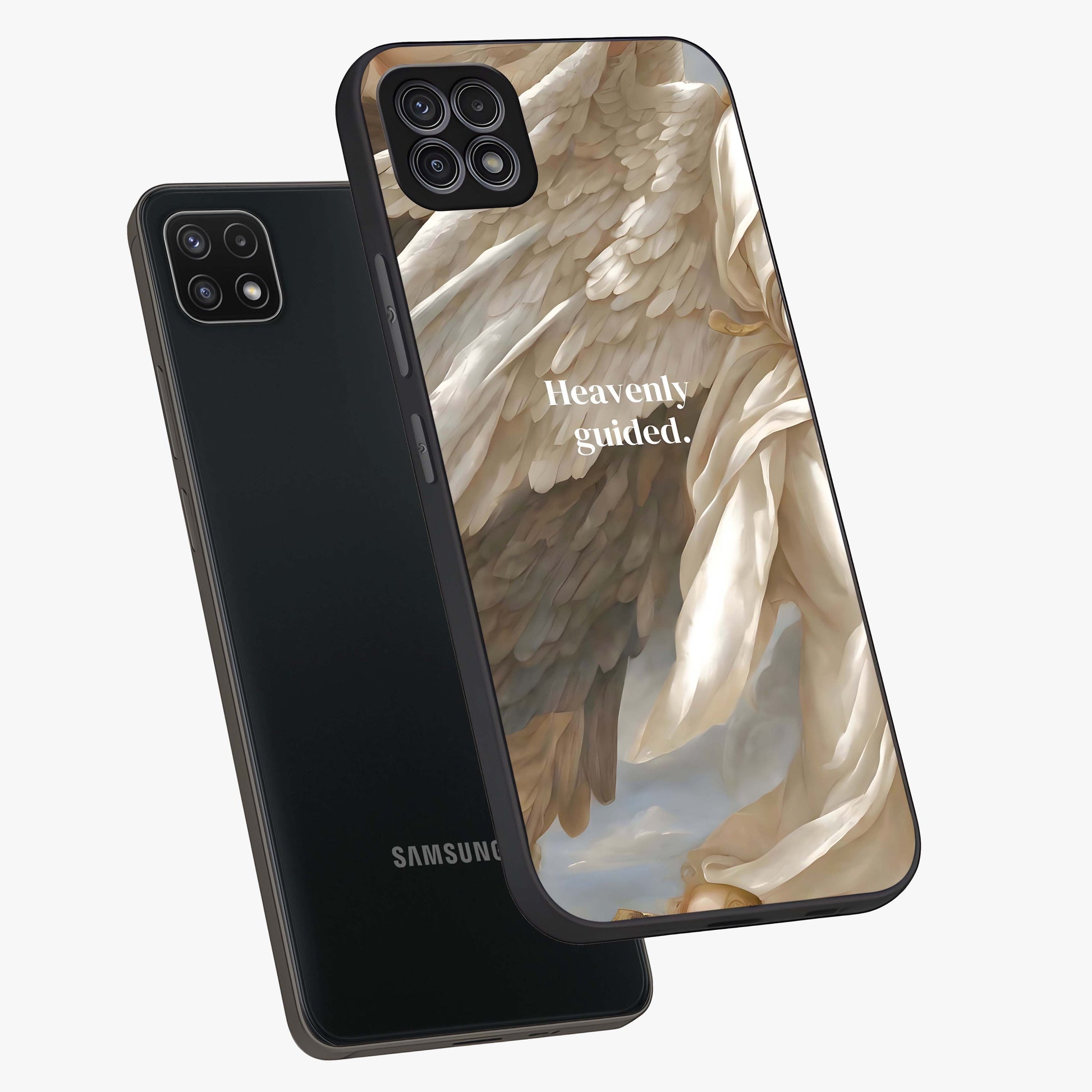 Divine Winged Grace Glass Case displayed in angled mockup highlighting graceful wing design with divine aesthetic style.