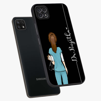 Doctor Pattern Custom Name Glass Case displayed in angled mockup highlighting doctor inspired artwork with custom name feature.