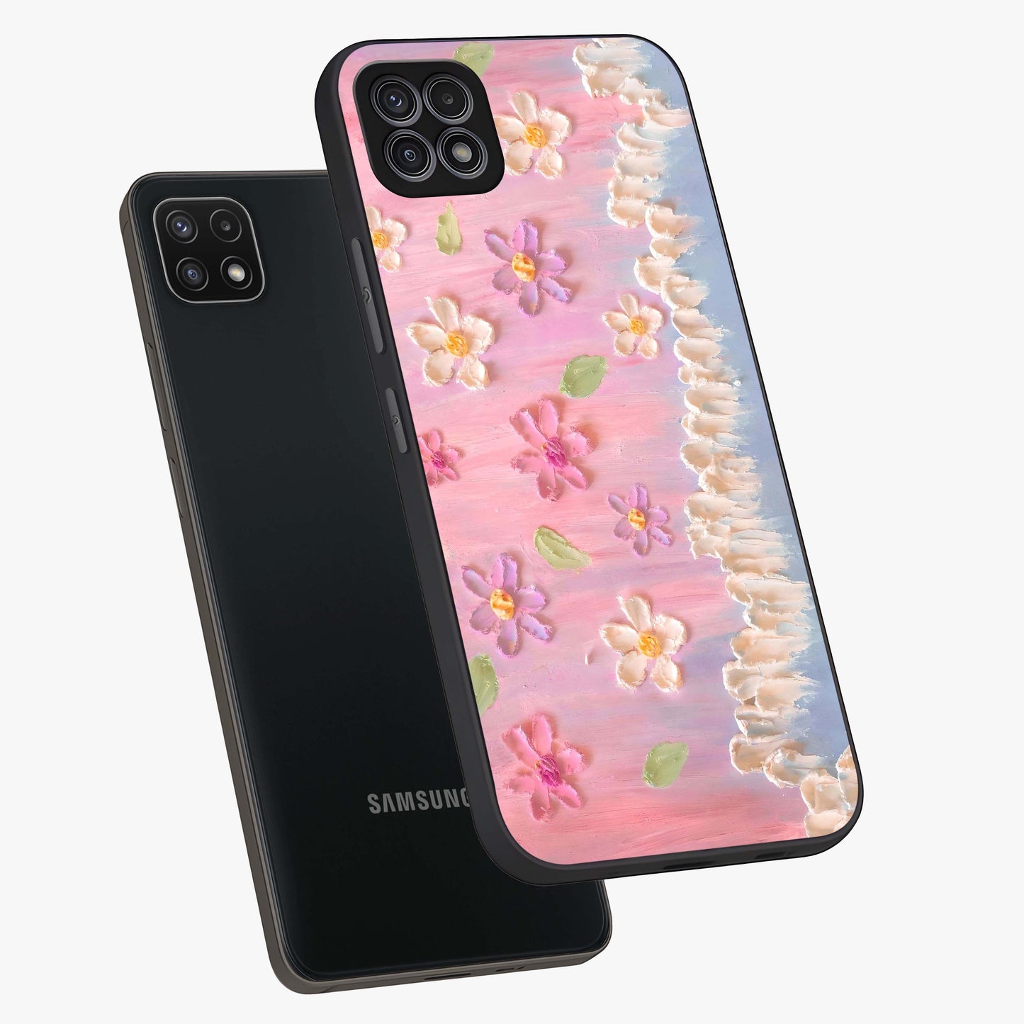 Dreamy Painted Garden Glass Case displayed in angled mockup highlighting colorful garden illustration with dreamy aesthetic style.