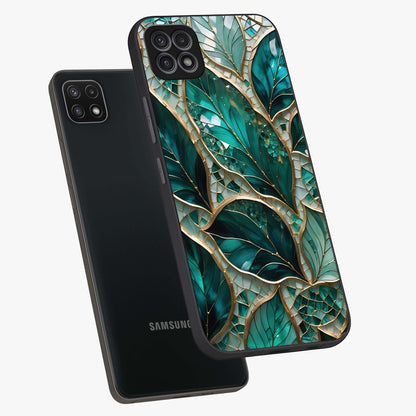 Emerald Leaf Glass Glass Case displayed in angled mockup highlighting botanical leaf illustration with elegant natural aesthetic.