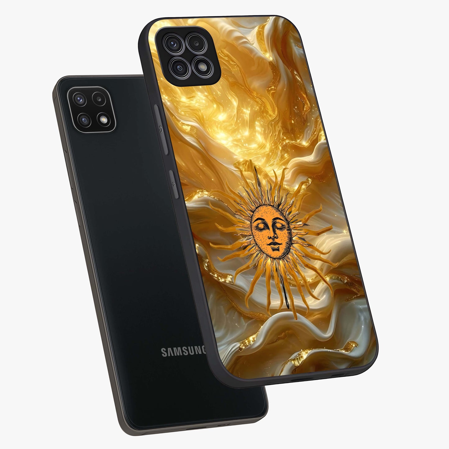 Eternal Golden Glow Glass Case displayed in angled mockup highlighting glowing golden aesthetic design with elegant style.