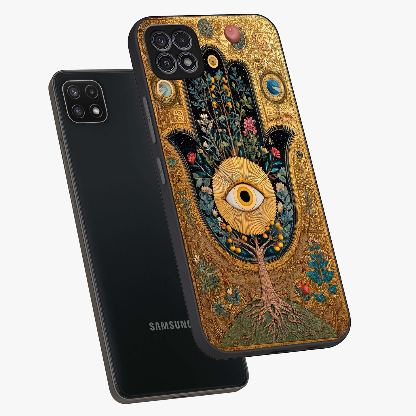 Ethereal Evil Eye Glass Case displayed in angled mockup highlighting protective evil eye symbol with spiritual aesthetic design.