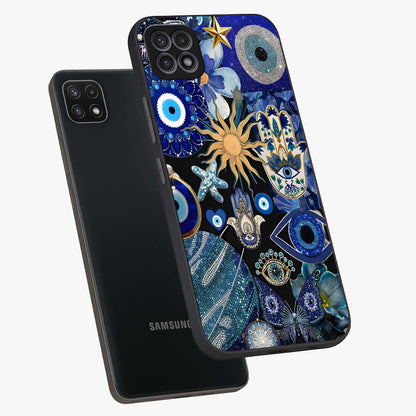 Evil Eye Charm Mix Glass Case displayed in angled mockup highlighting protective evil eye symbols with spiritual aesthetic design.