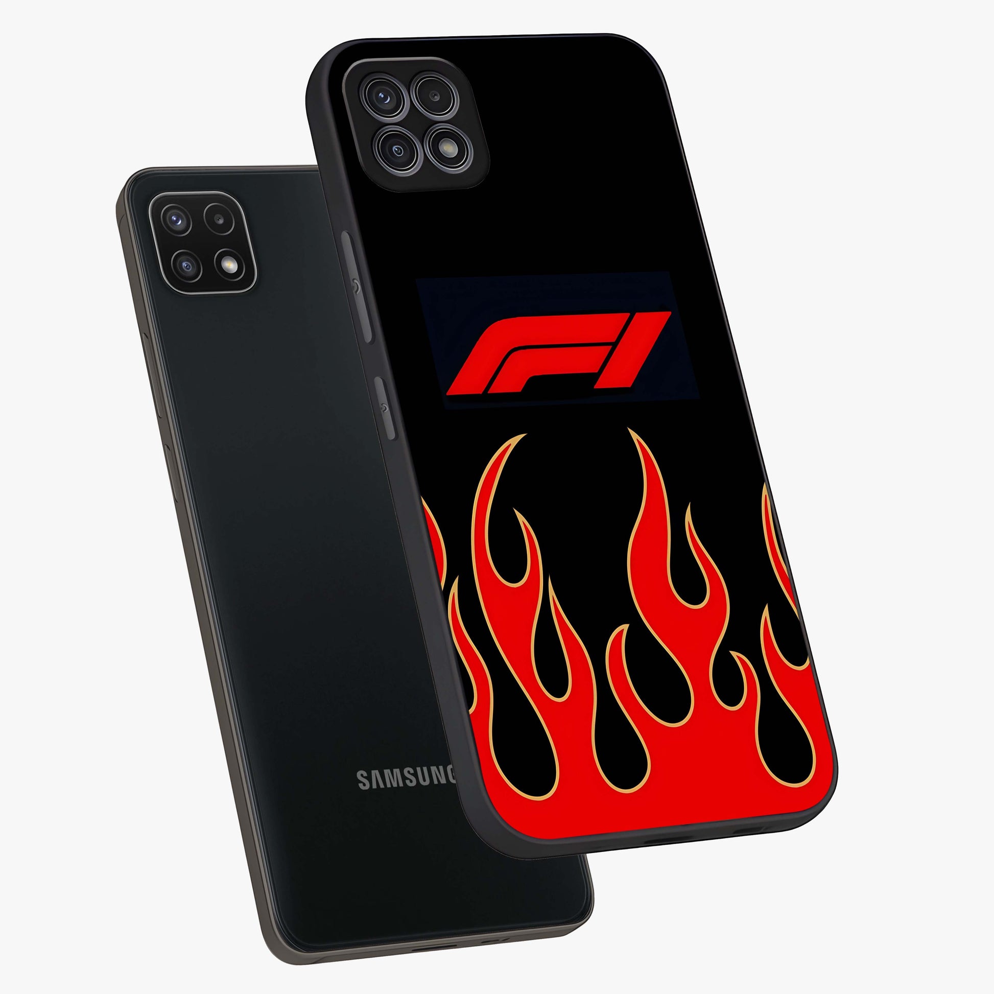 Fire F11 Glass Case displayed in angled mockup highlighting bold fire inspired graphic with energetic aesthetic style.