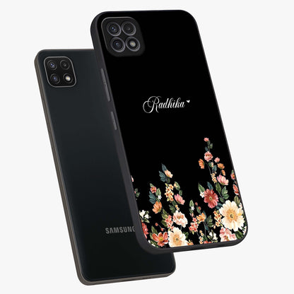 Floral Design With a Custom Personalized Name Glass Case displayed in angled mockup highlighting elegant floral pattern with custom name feature.