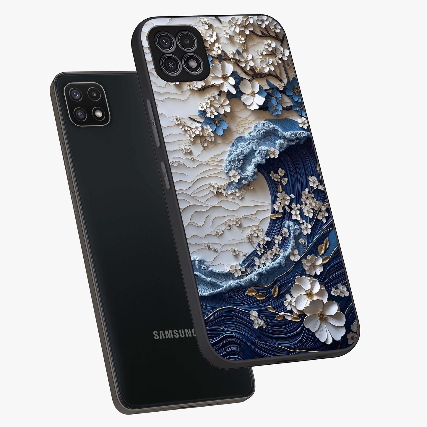 Floral Wave Origami Glass Case displayed in angled mockup highlighting geometric origami flower design with modern aesthetic style.